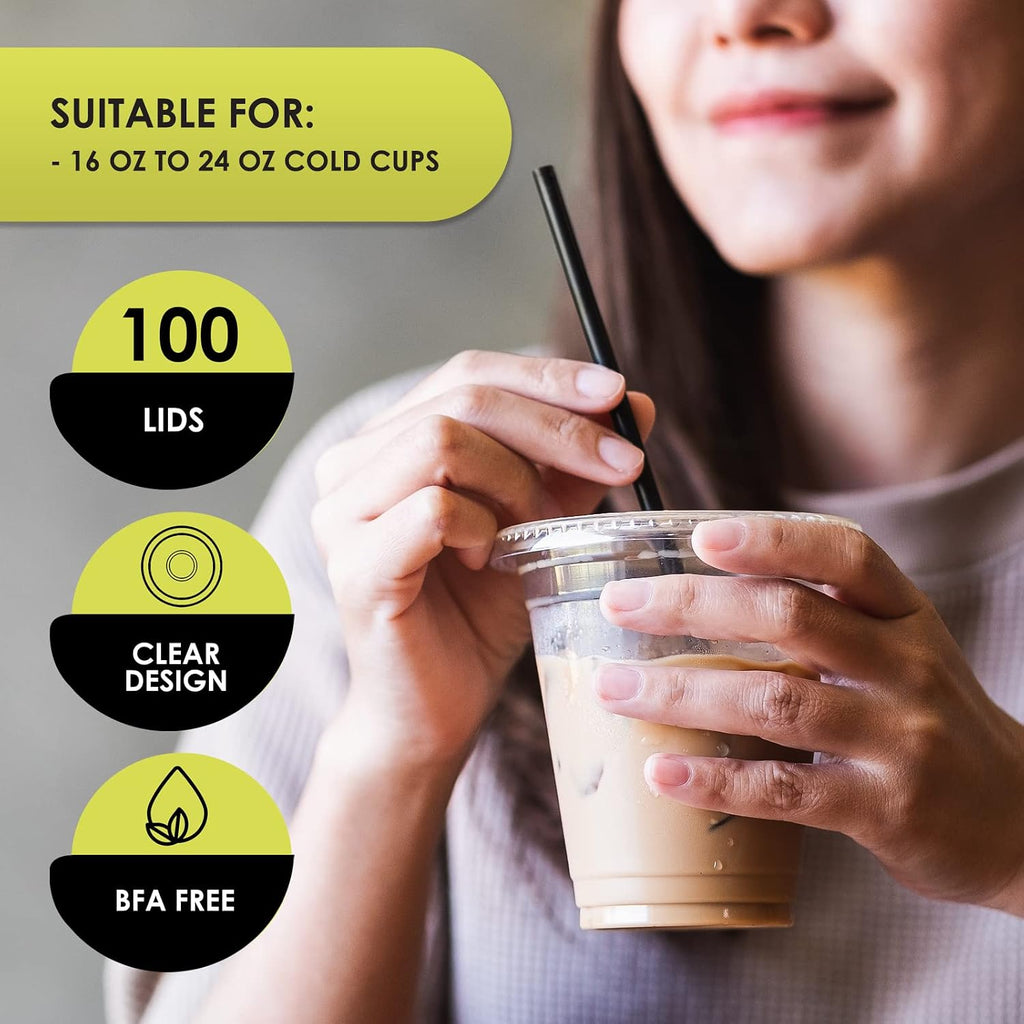 Clear Plastic Flat Lids with Straw Slot,Fits 16-24 oz Cups,100-Pack