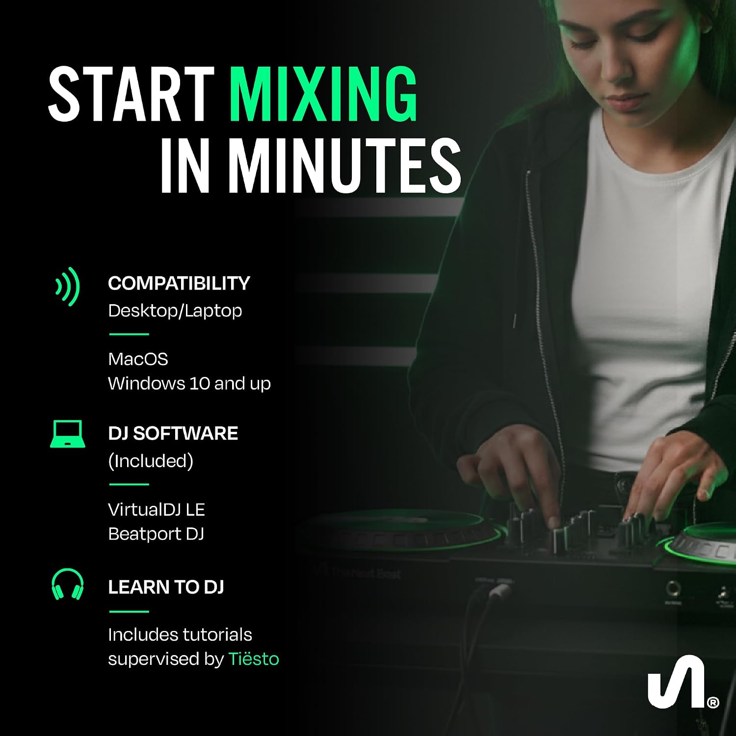 by Tiesto DJ Controller, SX1 Portable Control Deck with Audio Mixer, Beat Match, USB, & Dual Headphone Output - DJ