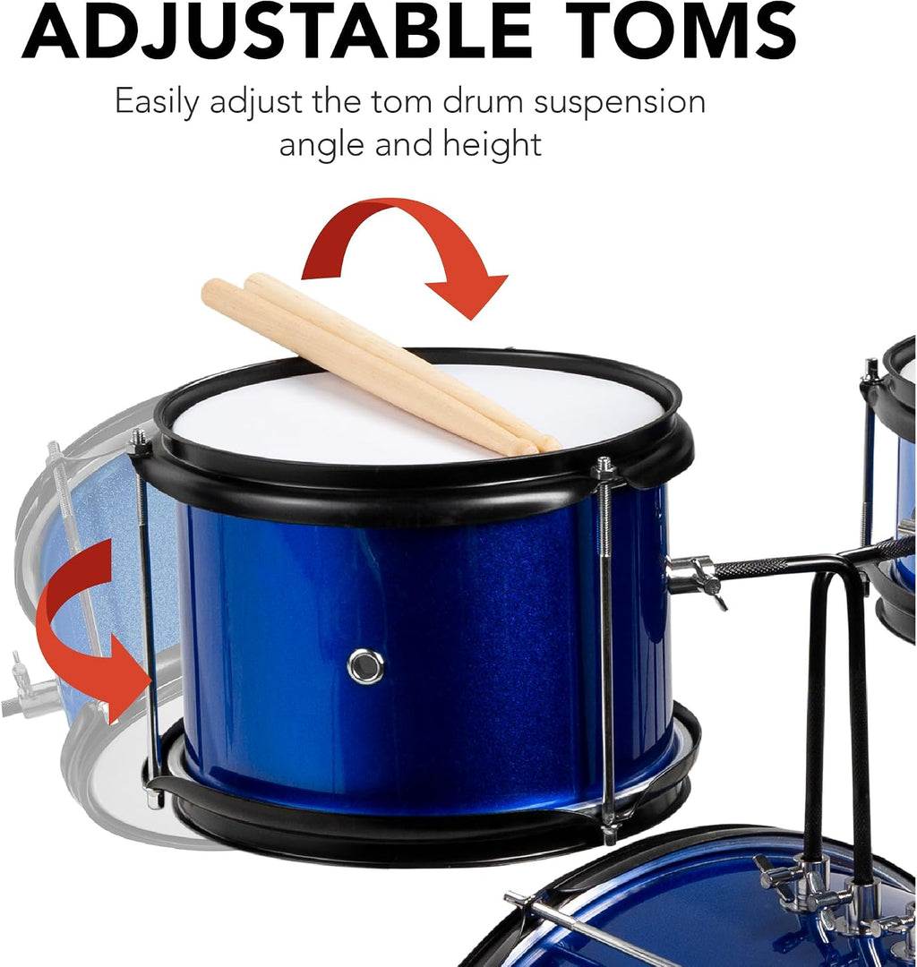 3-Piece Beginner Drum Set for Kids Juniors, w/Throne Stool, Cymbal, Drum Sticks, Bass Drum Pedal, 2 Toms - Blue