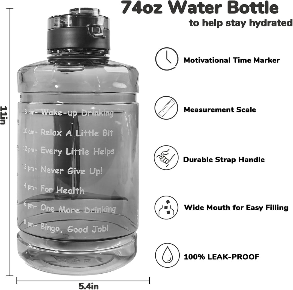 Half Gallon Water Bottle with Time Marker，74oz Water Jug BPA Free | Strap & Handle Large-Capacity Leakproof Water