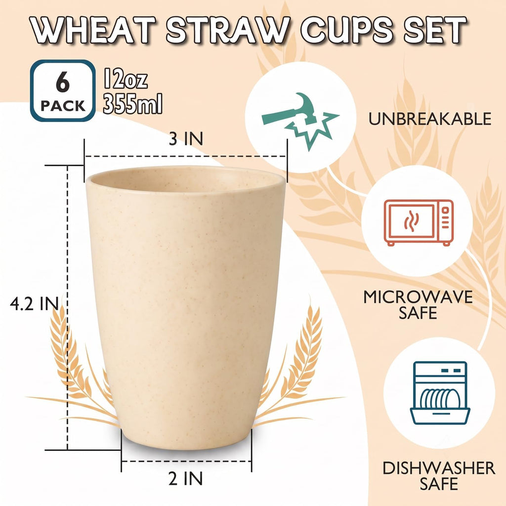 Wheat Straw Cups 6 PCS Good Alternative to Plastic Reusable Cups 12 oz Unbreakable Drinking Cup Reusable Dishwasher