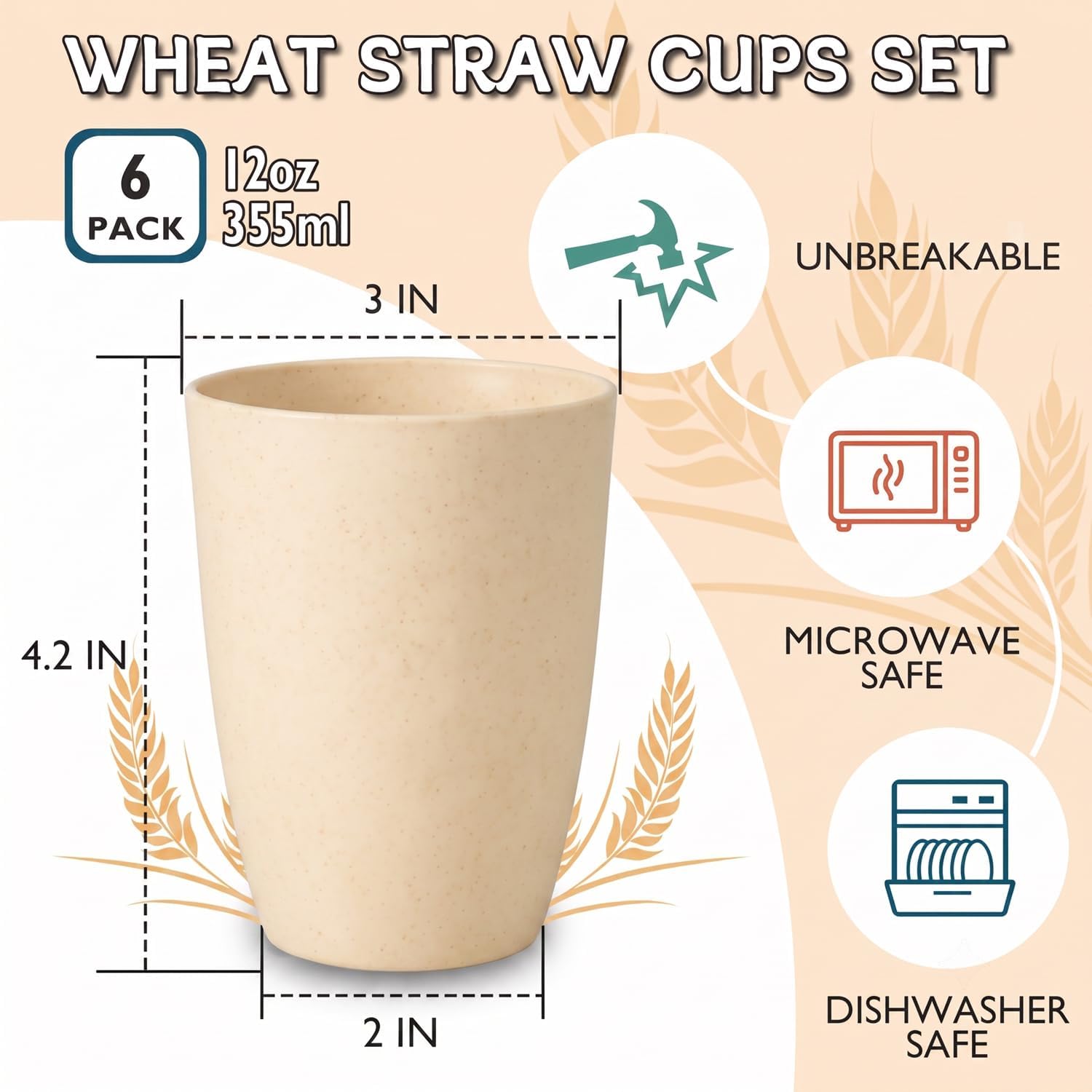 Wheat Straw Cups 6 PCS Good Alternative to Plastic Reusable Cups 12 oz Unbreakable Drinking Cup Reusable Dishwasher