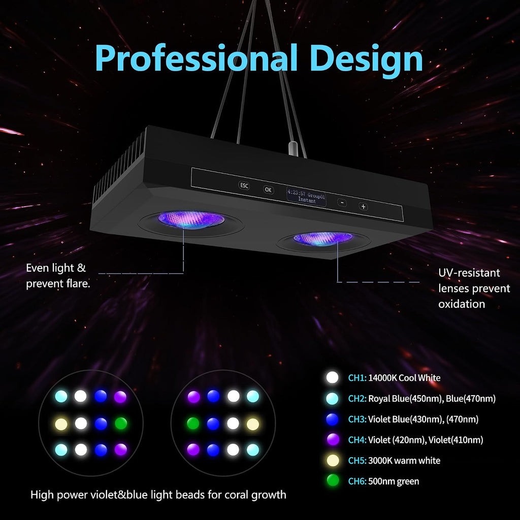 Aquarium Light - 95 Watt Sunrise Sunset Moonlight, Group Control Program Coral Reef Light Dimmable Full Spectrum for