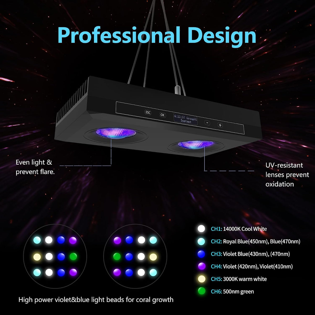 Aquarium Light - 95 Watt Sunrise Sunset Moonlight, Group Control Program Coral Reef Light Dimmable Full Spectrum for