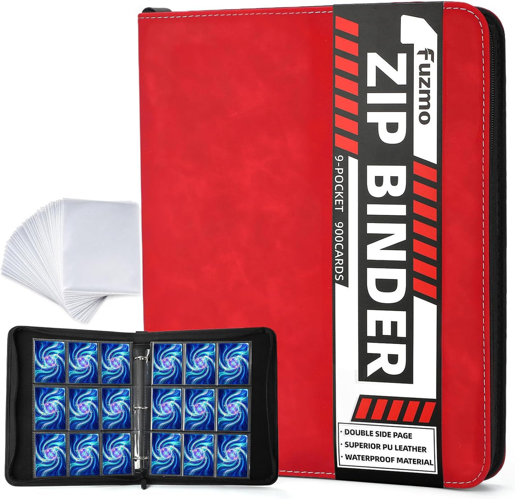 9 Pocket Trading Card Binder, 900 Cards Zip Album, Red | 50 Pcs Double Sided Sleeves, 3 Rings, Card Collection for