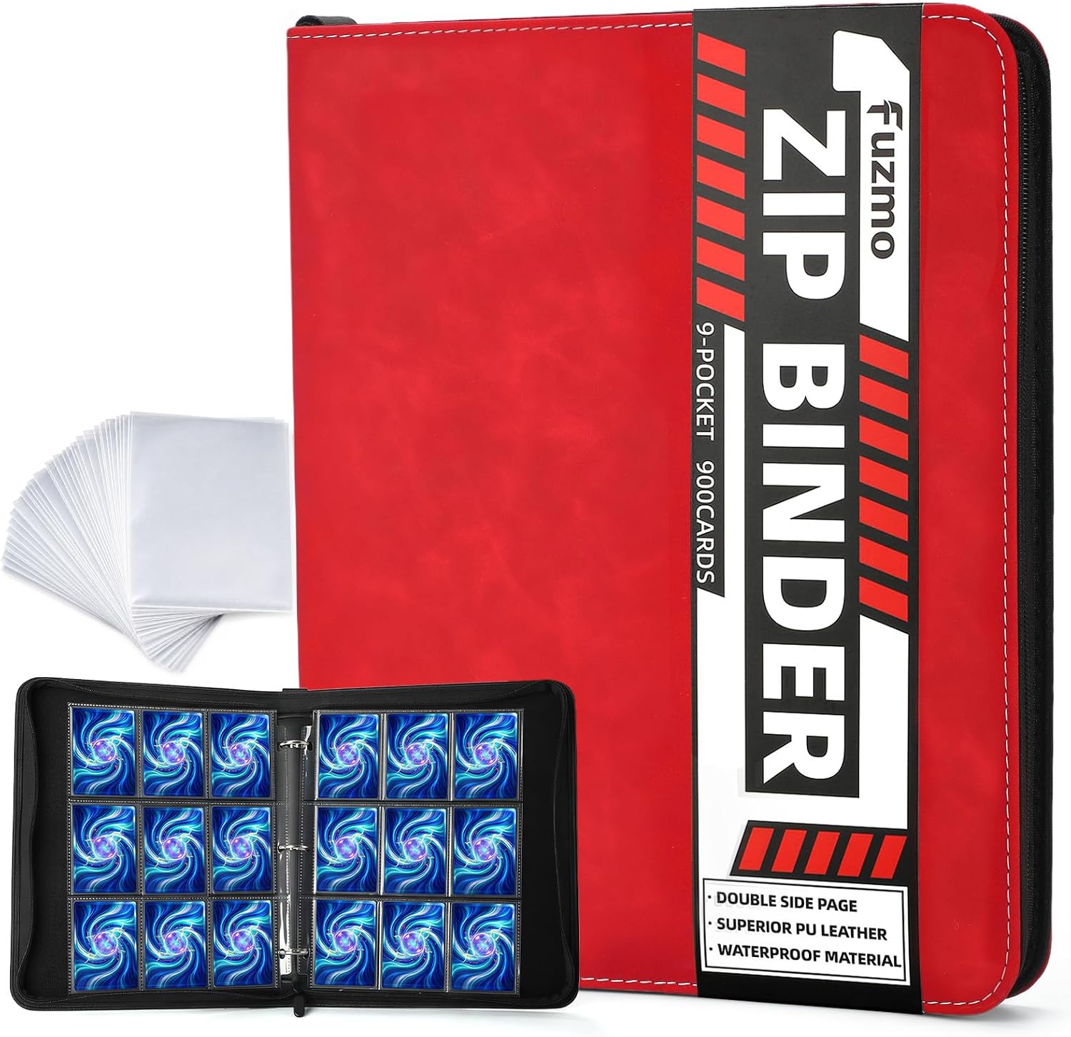 9 Pocket Trading Card Binder, 900 Cards Zip Album, Red | 50 Pcs Double Sided Sleeves, 3 Rings, Card Collection for