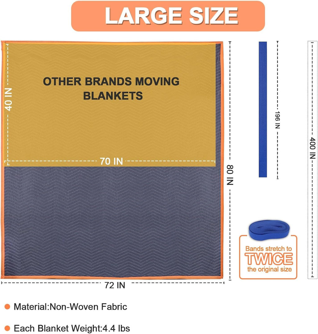 2 Pk Heavy-Duty Moving Blankets 72x80in with 1 Large Rubber Band
