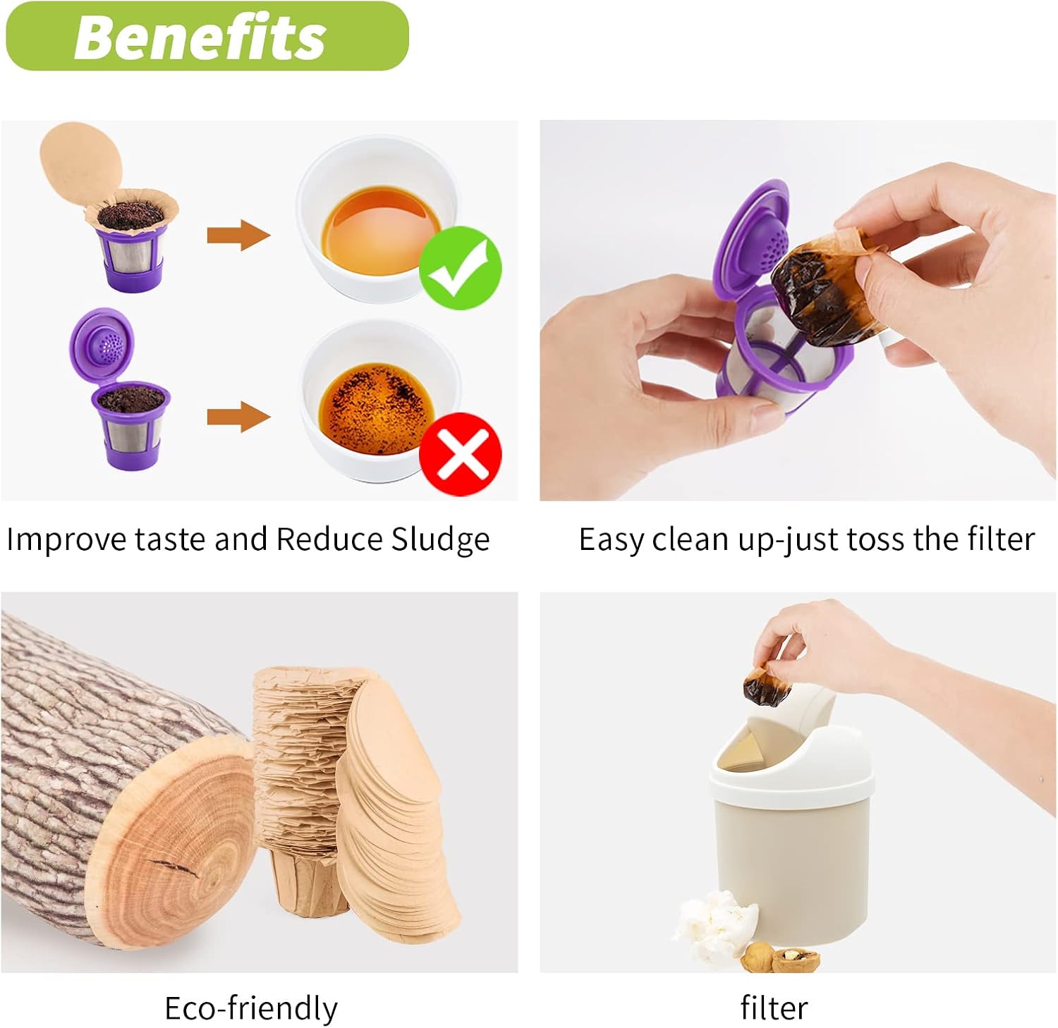 Unbleached K Cup Paper Filters with Lid, Fits Keurig 1.0 & 2.0 Reusable Pod | 100% natural unbleached wood pulp