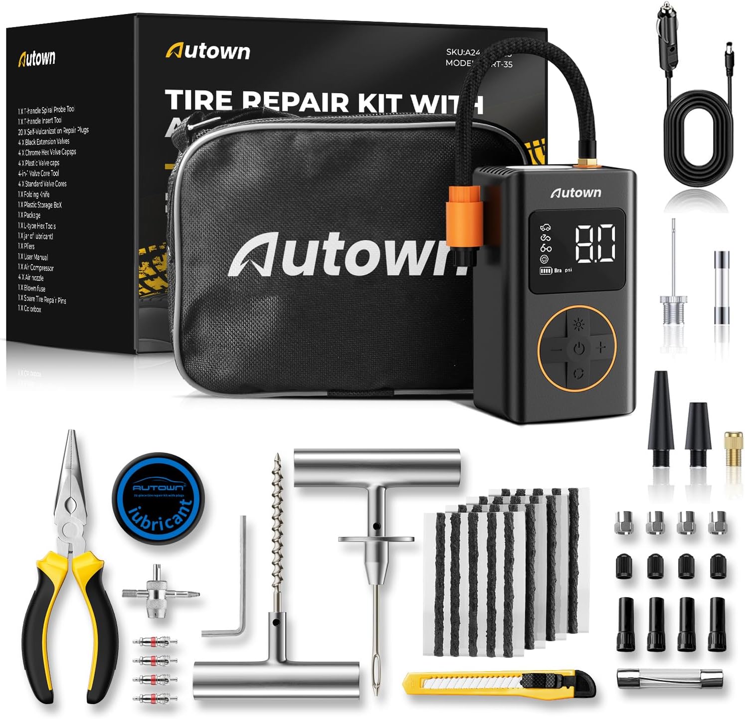 Flat Tire Repair Kit with Air Compressor, Professional Tire Plug Kit | 120PSI Portable Air Pump with Auto-Stop & LED