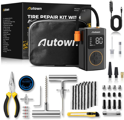 Flat Tire Repair Kit with Air Compressor, Professional Tire Plug Kit | 120PSI Portable Air Pump with Auto-Stop & LED