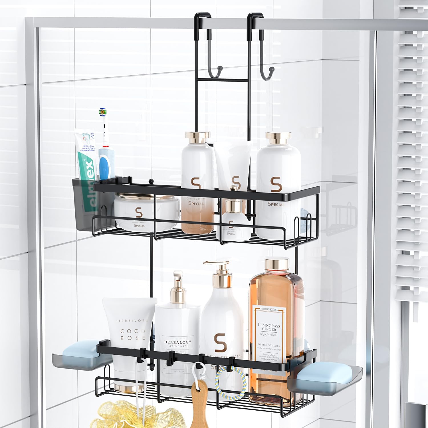 Over the Door Shower Caddy Hanging: Rustproof Shower Door Organizer | Shower Door Rack for Inside Shower, No Drilling