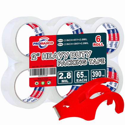 Heavy Duty Packing Tape with Dispenser, 1.88 inch x 65Y, 6 Rolls | 1 Dispenser Included, Total 390Y, Clear, 2.8 mil
