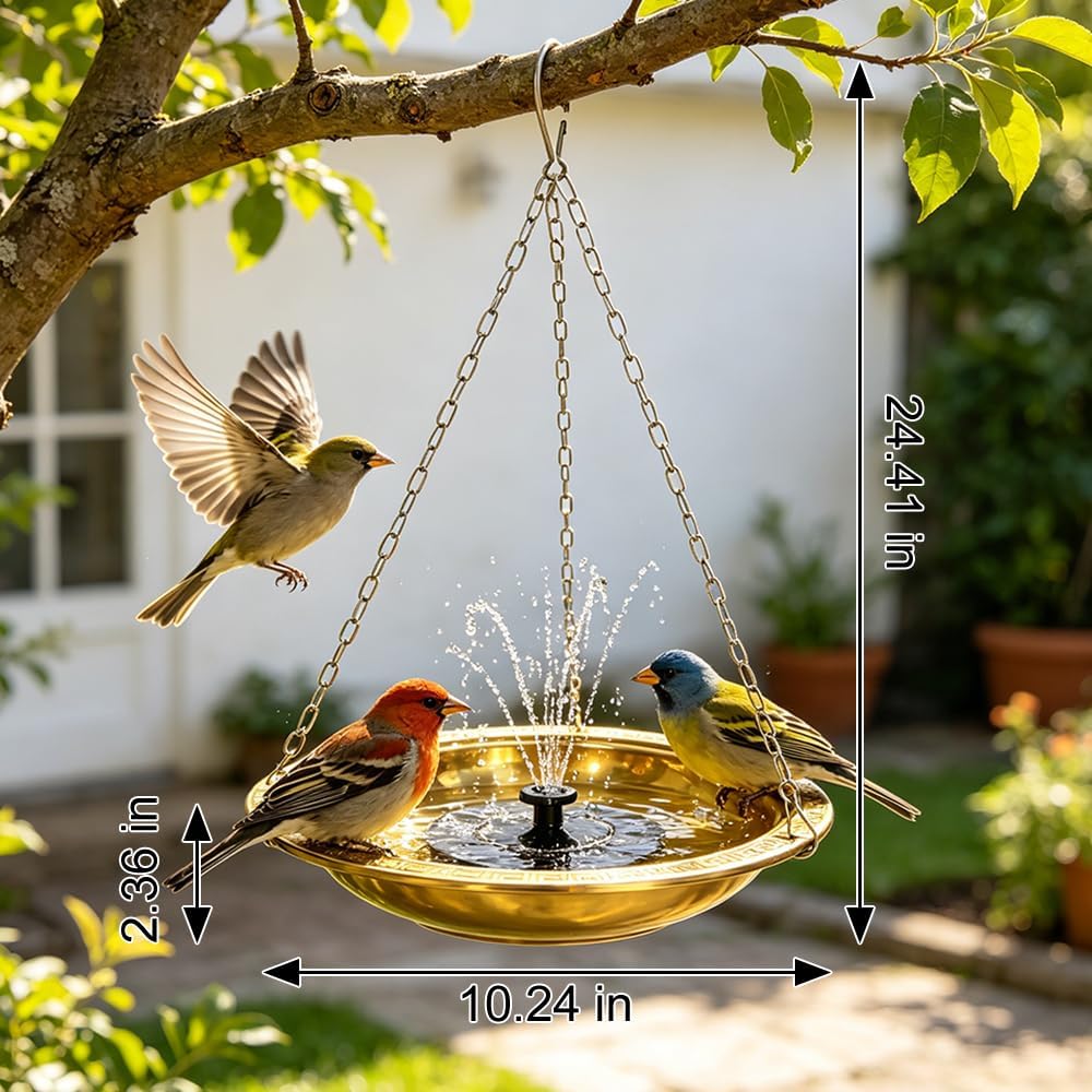 10.42 Inch Extra Deep Hanging Bird Bath with Solar Fountain, Outdoor Portable Soaking Tub with Solar Water Pump