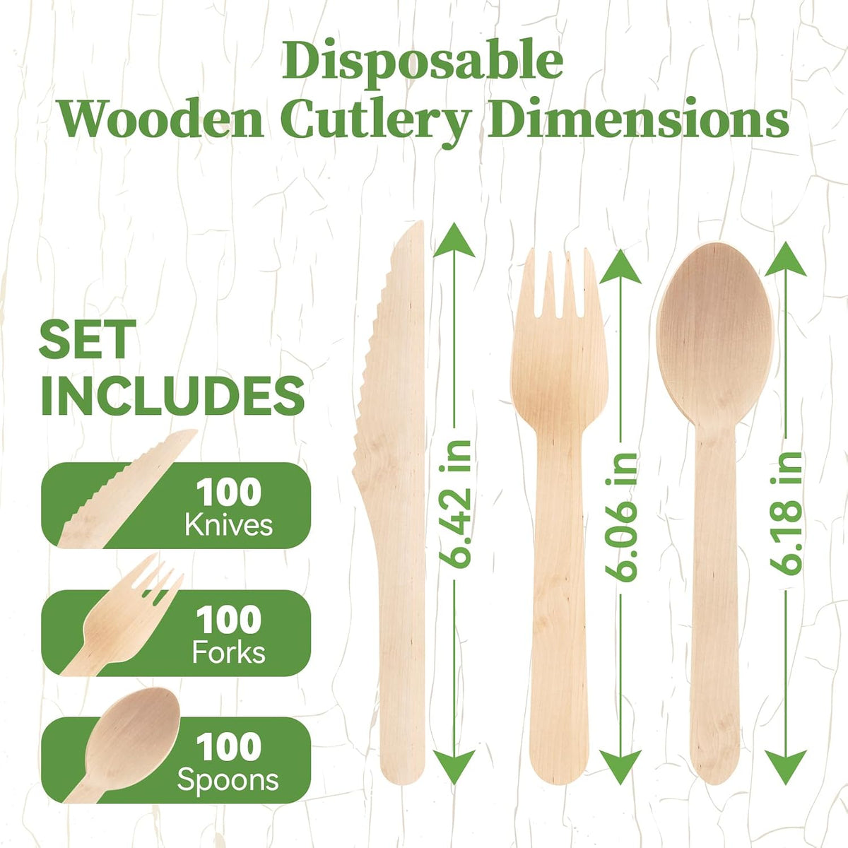 300 Count Wooden Cutlery Set, 100 Knives, Forks and Spoons each