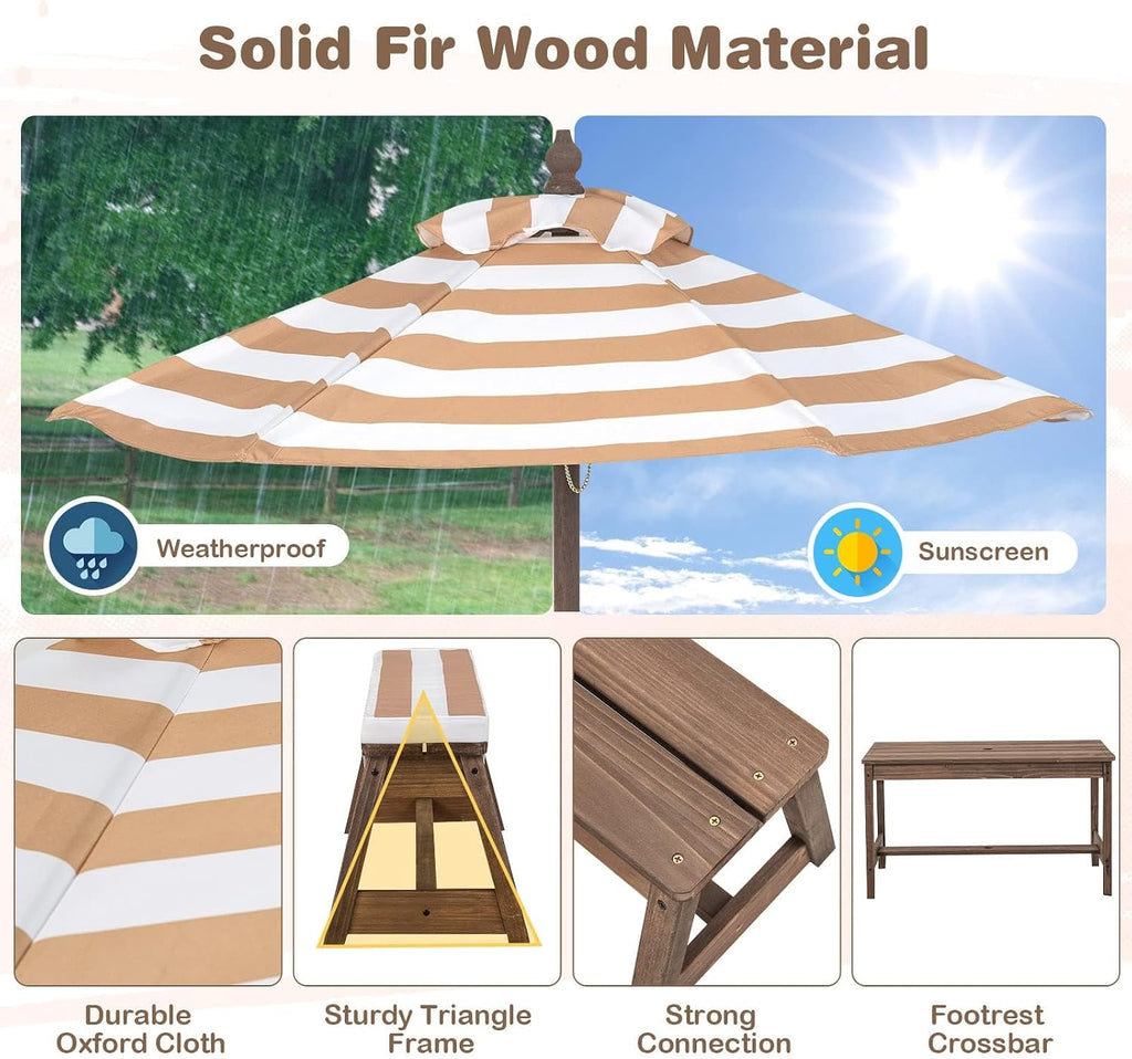 Kids Picnic Table, Outdoor Wooden Table & Bench Set w/Removable Cushions and Umbrella, Stripe Fabric, Children