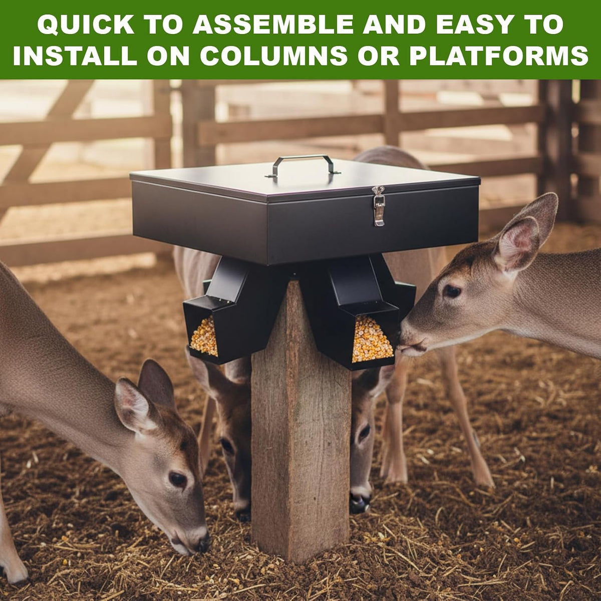 60lb Gravity Deer Feeder. Heavy Duty Deer Feeder with 4 Feed Head and Mounting Post, Galvanized Steel Metal Portable