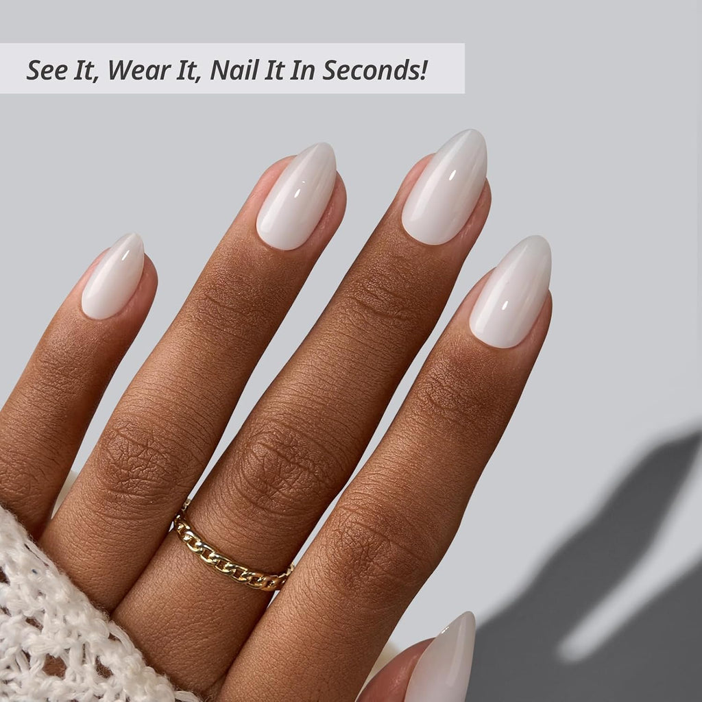 Press On Nails, Short Almond White Fake Nails, 32Pcs Full Kit