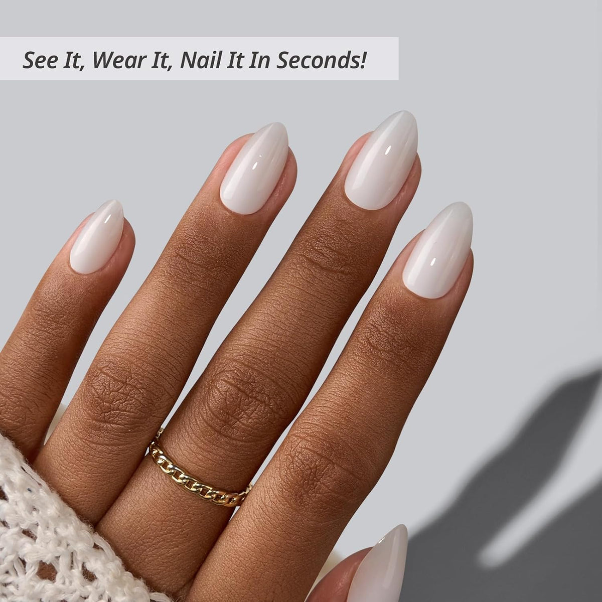 Press On Nails, Short Almond White Fake Nails, 32Pcs Full Kit