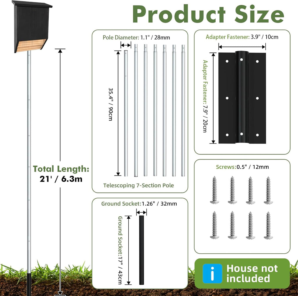 21' Aluminum Bat House Pole, Telescoping Purple Martin House Pole, 7-Section Design with 8-Hole Ground Socket for