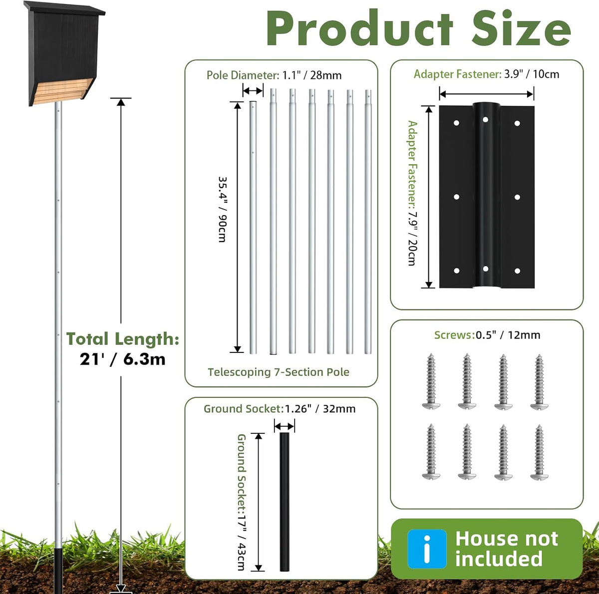 21' Aluminum Bat House Pole, Telescoping Purple Martin House Pole, 7-Section Design with 8-Hole Ground Socket for