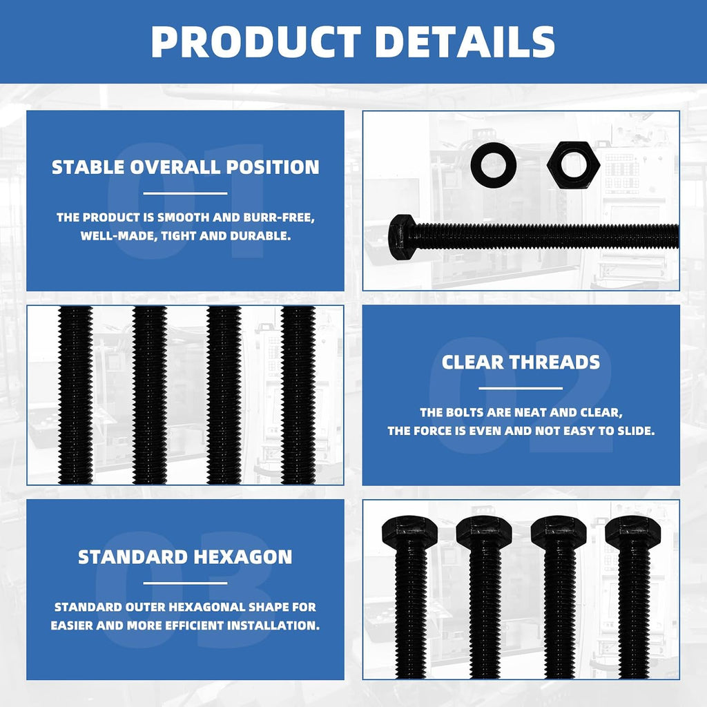 24Pcs (8 Sets) M10 x 150mm Hex Head Screw Bolt with Nuts Flat Washers