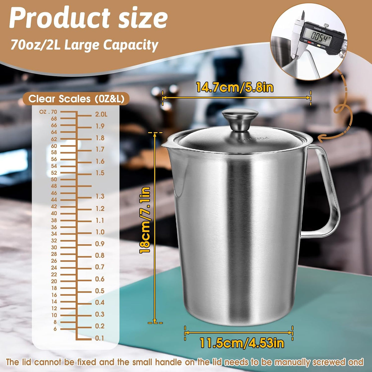 Stainless Steel Metal Pitcher with Lid 2 L 70 oz Measuring Cup with Marking Metal Water Container with Handle Milk