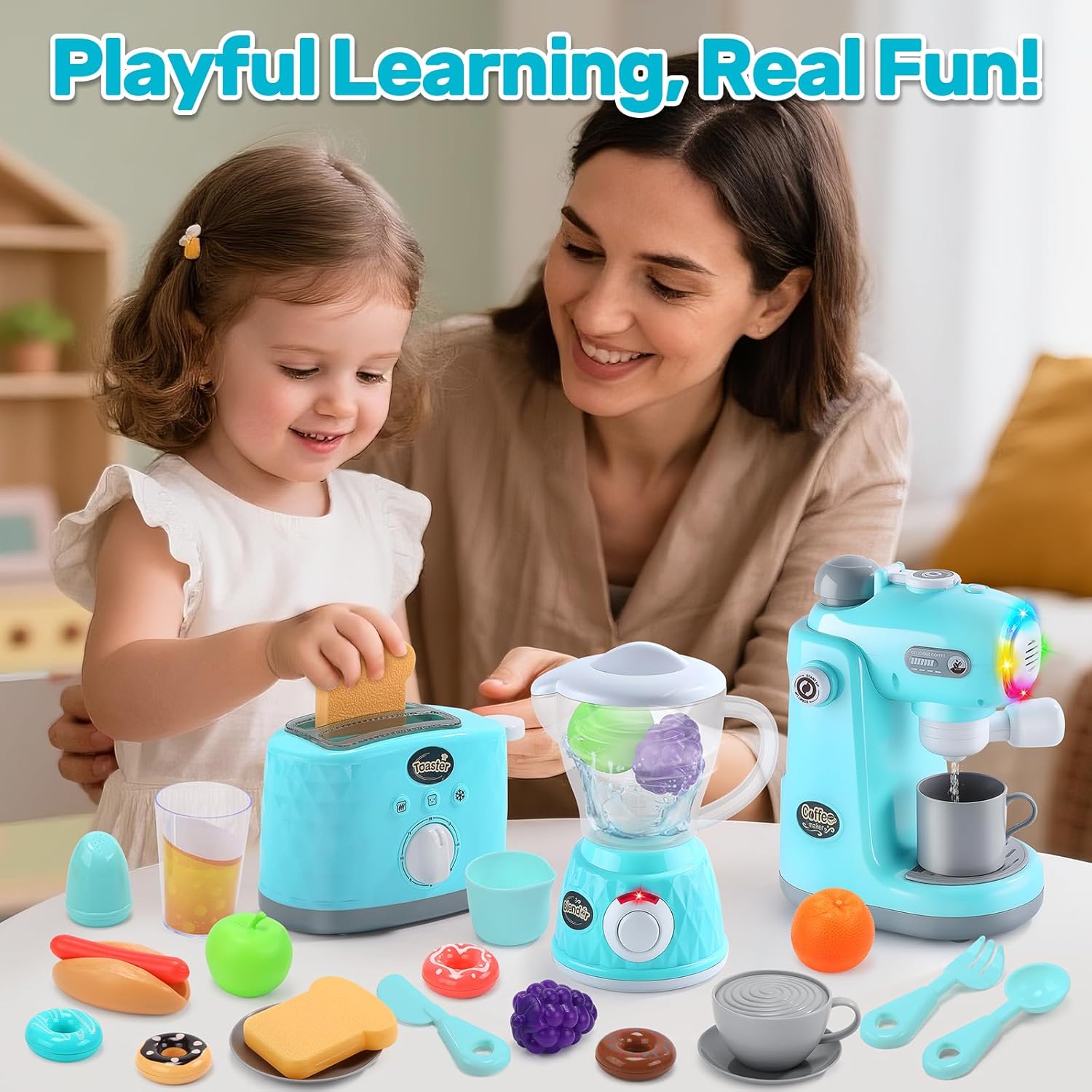Kids Kitchen Playset, Toy Kitchen Appliance Sets with Working Coffee Maker, Blender & Toaster, Realistic Sounds &