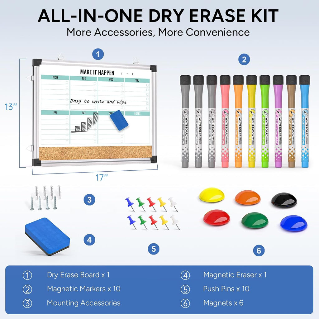 Weekly Dry Erase Board and Cork Board Combo for Wall, 17"x13" Reversible Hanging Dry Erase Board, Double Sided White