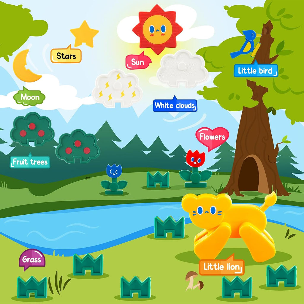 Magnetic Tiles 58PCS,Groove Interlocking Design Magnet Building Blocks with Lion, Sun,Cloud & Grass,STEM Toys for