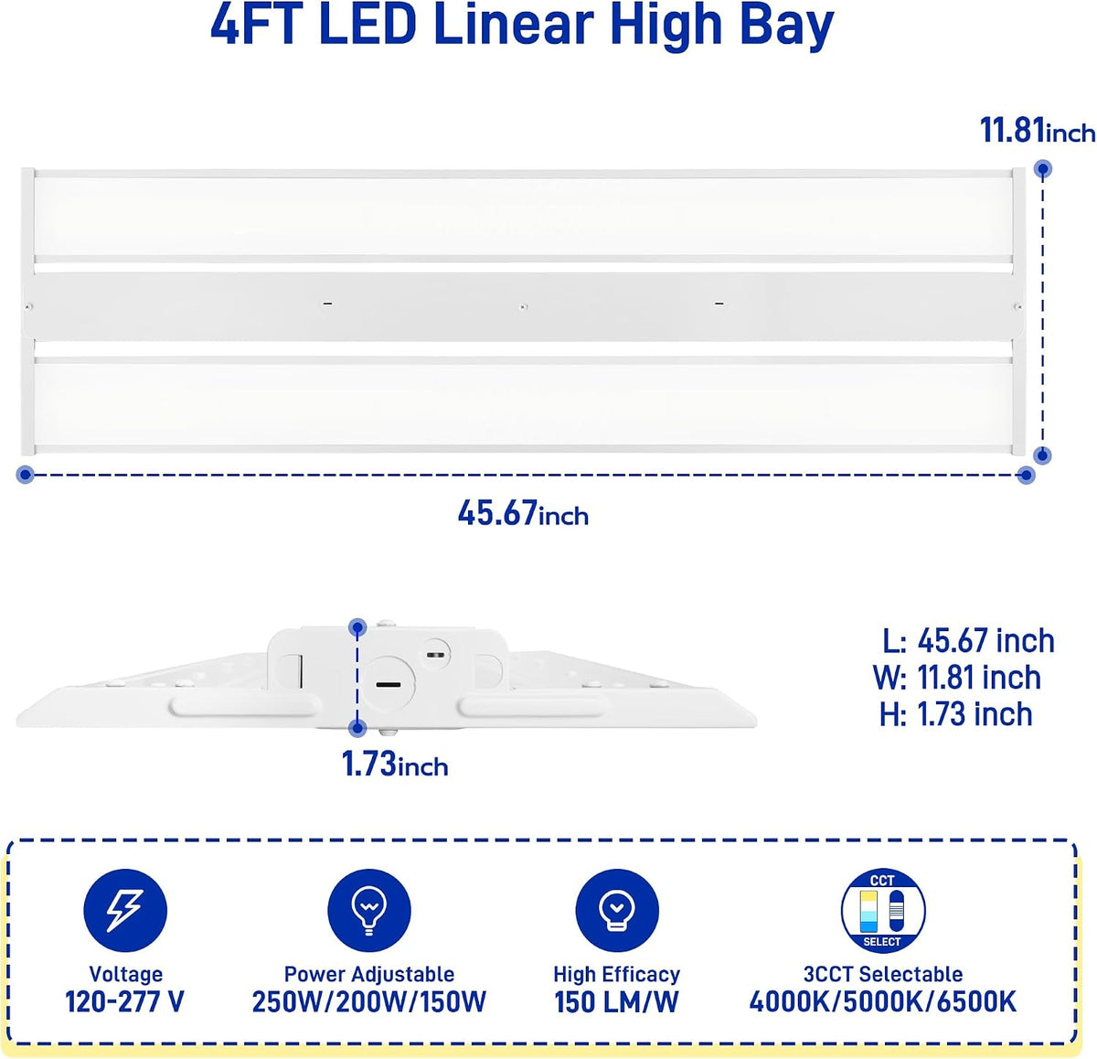 hykolity 4FT LED Linear High Bay Light, 3CCT 4000K/5000K/6500K, 150LM/W