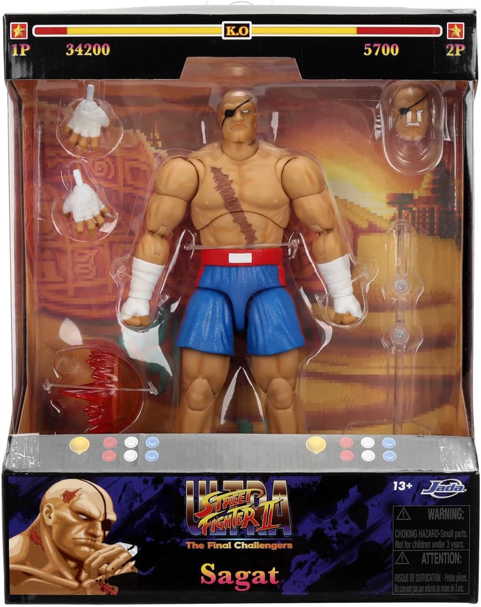 Street Fighter II Sagat Deluxe 1:12 Scale Action Figure - Highly Articulated, Tiger Shot Accessory & Stand, 7.6" Tall