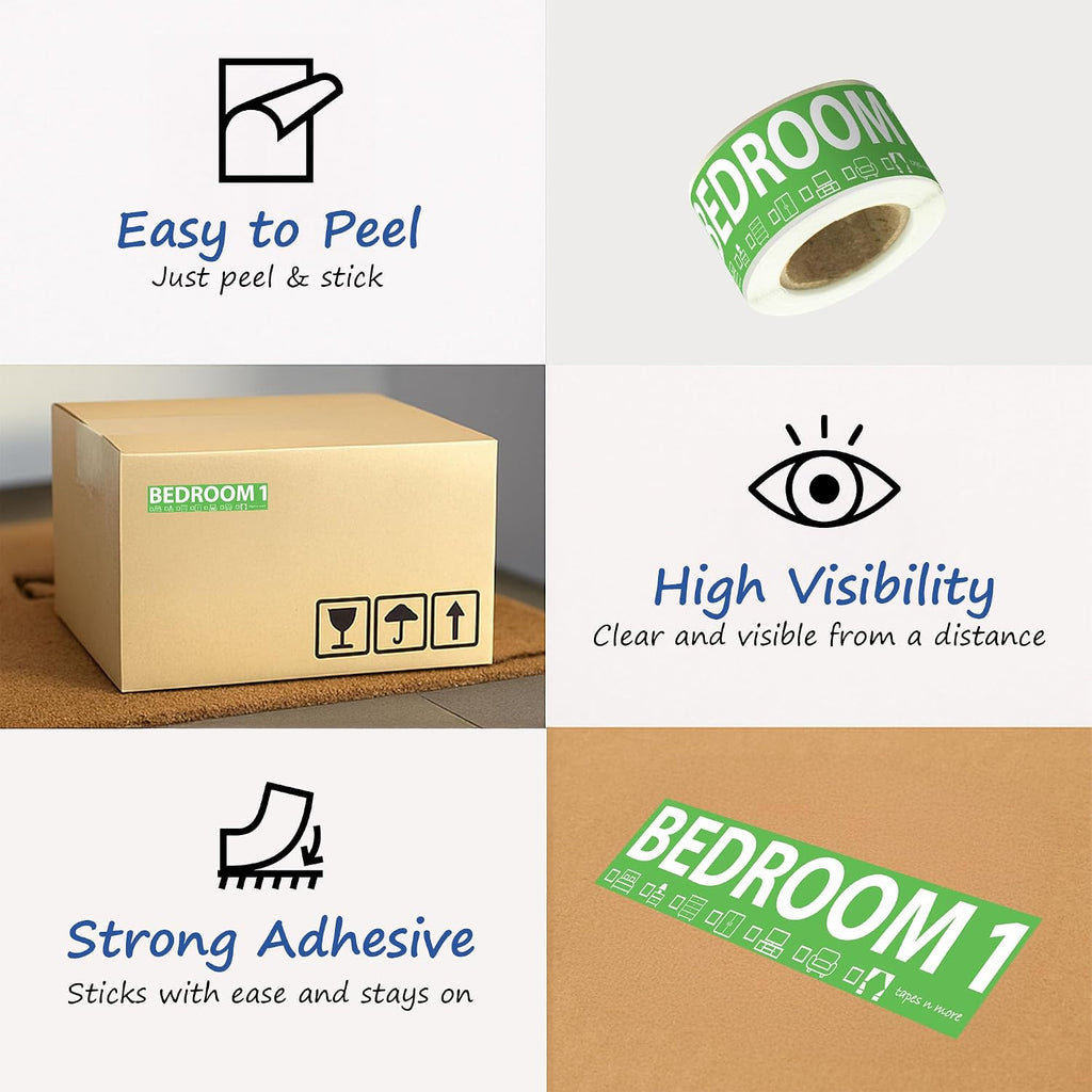 350 Home Moving Labels for 2 Bedroom House — 7 Color-Coded Room Labels (50 Each) + Fragile Stickers for Moving Boxes