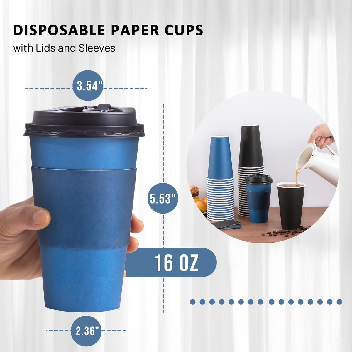 100 Pack 16 oz Coffee Cups with Lids, Disposable Hot Paper Coffee Cups