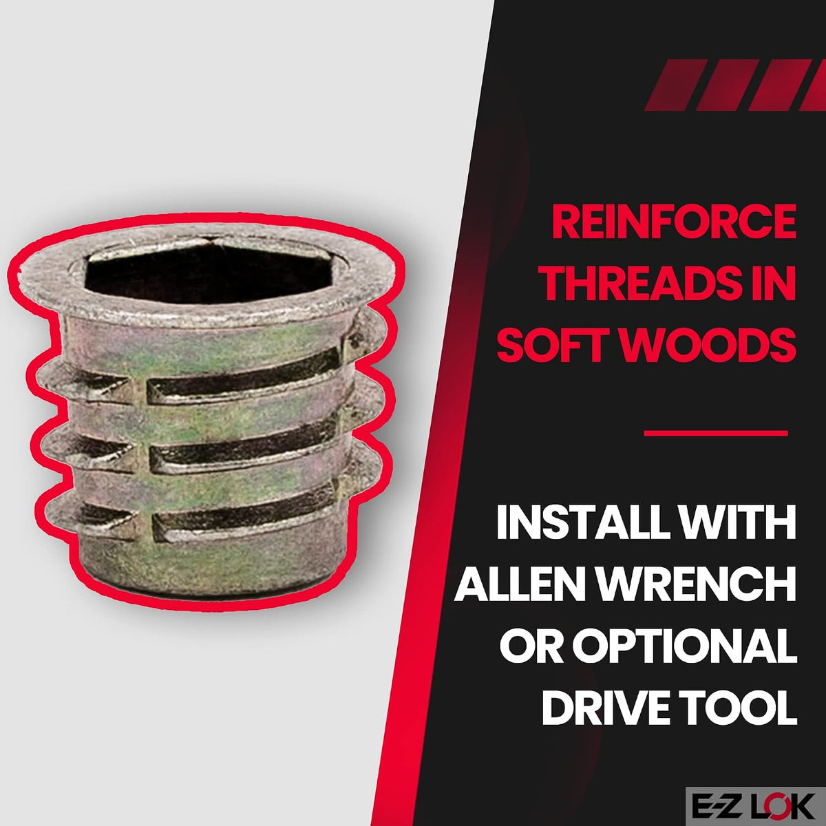 E-Z LOK Threaded Insert for Soft Wood, Zinc Hex-Flanged Thread Inserts 3/8-16 Internal Threads, 13mm Length Pack of 25