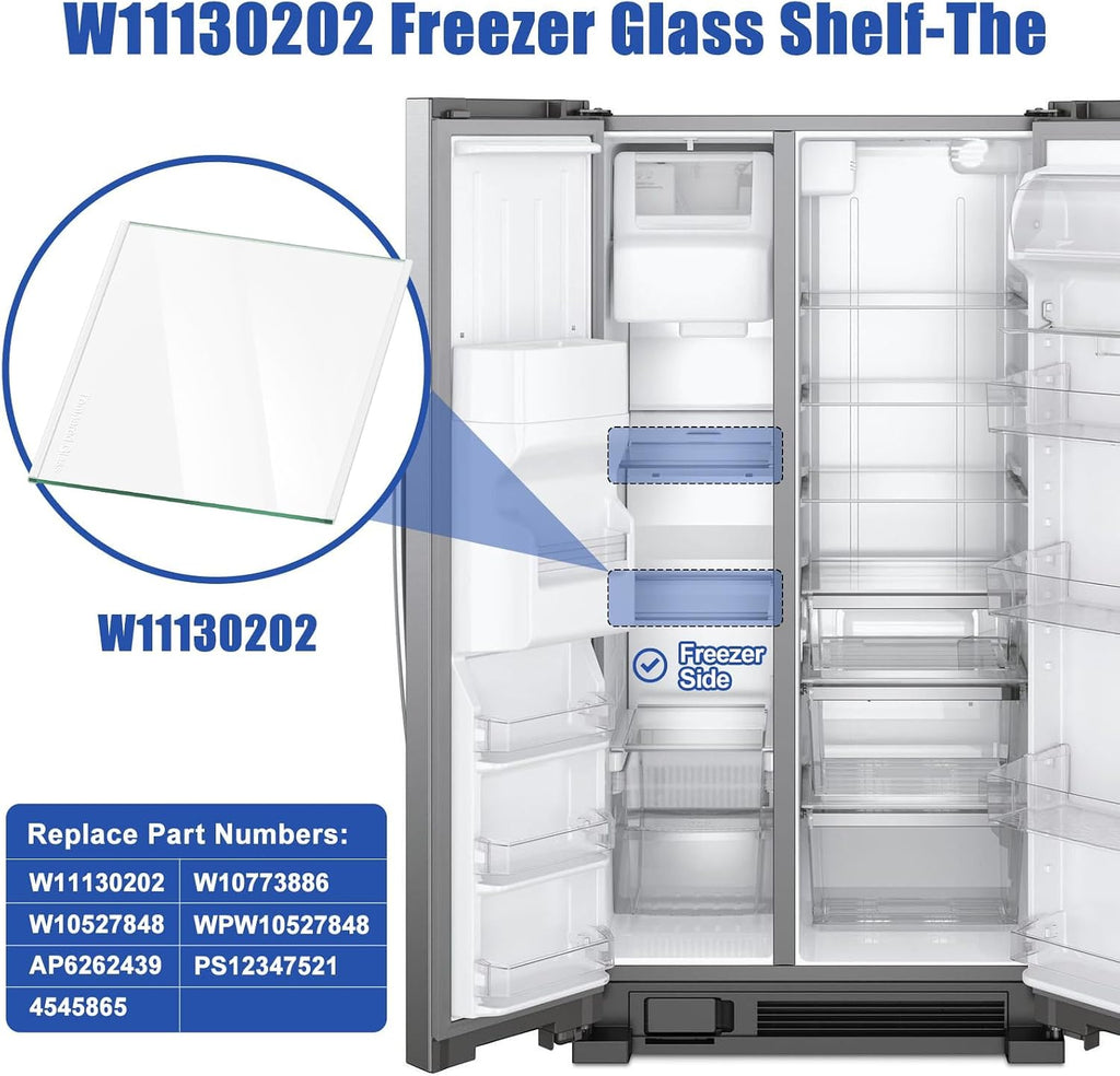 W11130202 Freezer Glass Shelf for Whirlpool WRS571CIHZ, Side by Side Freezer Tempered Glass Shelf Replacement, Refrigerator Glass Shelf Parts Replaces WRS571CIHZ04, WRS571CIHZ01, W10527848, 4545865