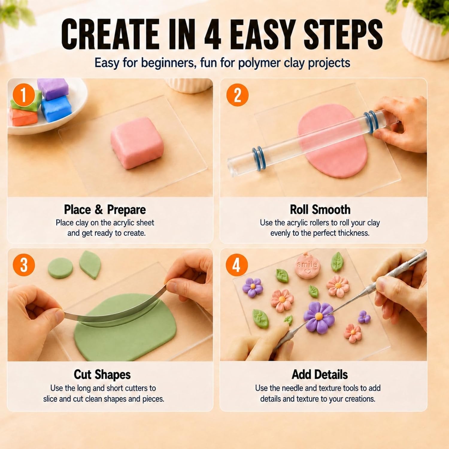 16pcs Polymer Clay Tools kit, Rolling Pin with Thickness Rings | Air Dry Clay Sculpting Supplies, Small Clear Craft