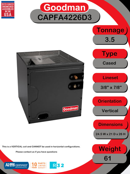 CAPFA4226D3 3.5 Ton R-32 Upflow/Downflow Cased Evaporator Coil with Piston Metering – Individual Component – Replaces
