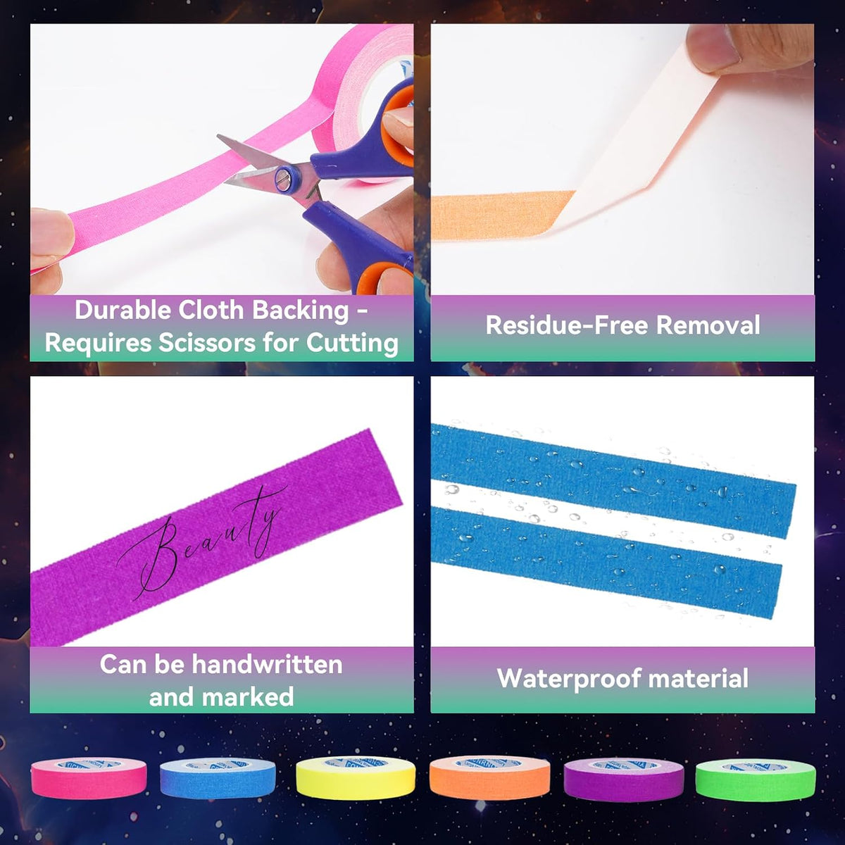 6-Pack 0.6in x 32.8ft Neon Gaffer Tape, Strong & Fluorescent Glow