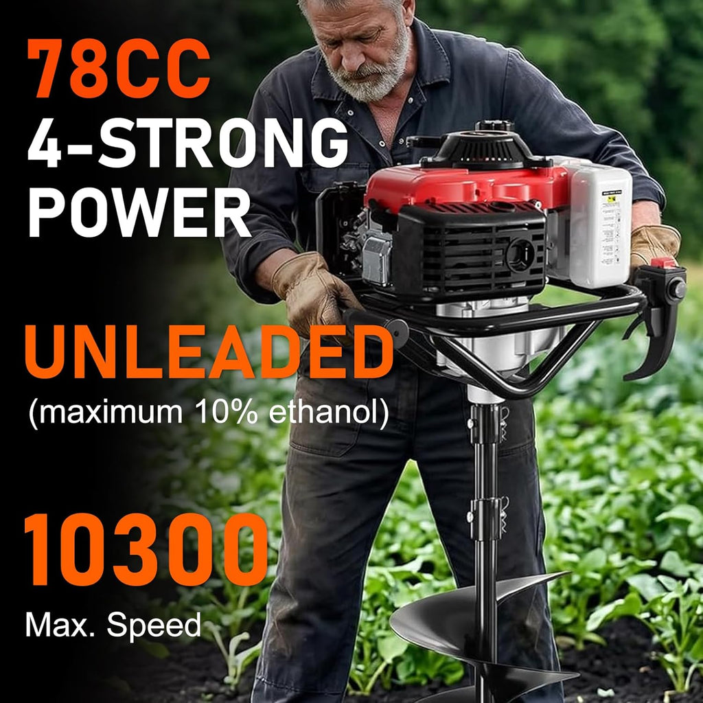 4-Stroke Gas Powered Post Hole Digger, 78CC Earth Auger with 2 Drill Bits | 6" & 8" Drill Bits and Extension Rod, No