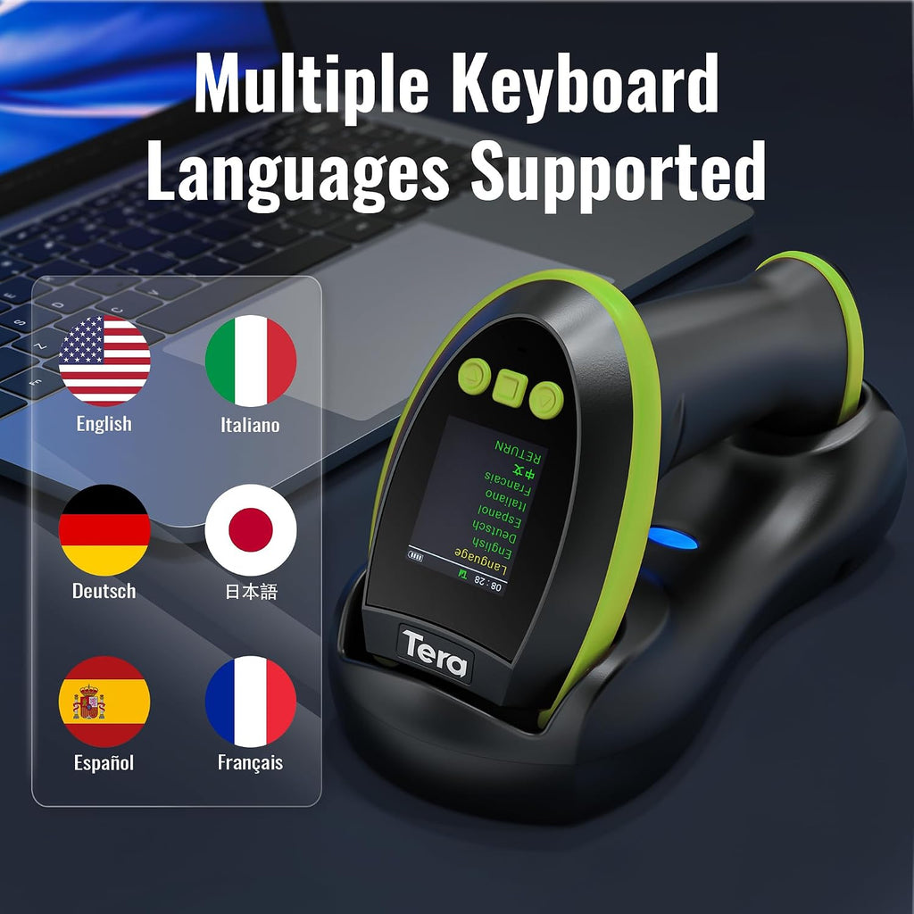 Barcode Scanner 2D Wireless with Screen: Charging Cradle HW0009 Green | 3-Button Color Screen, Works with Bluetooth