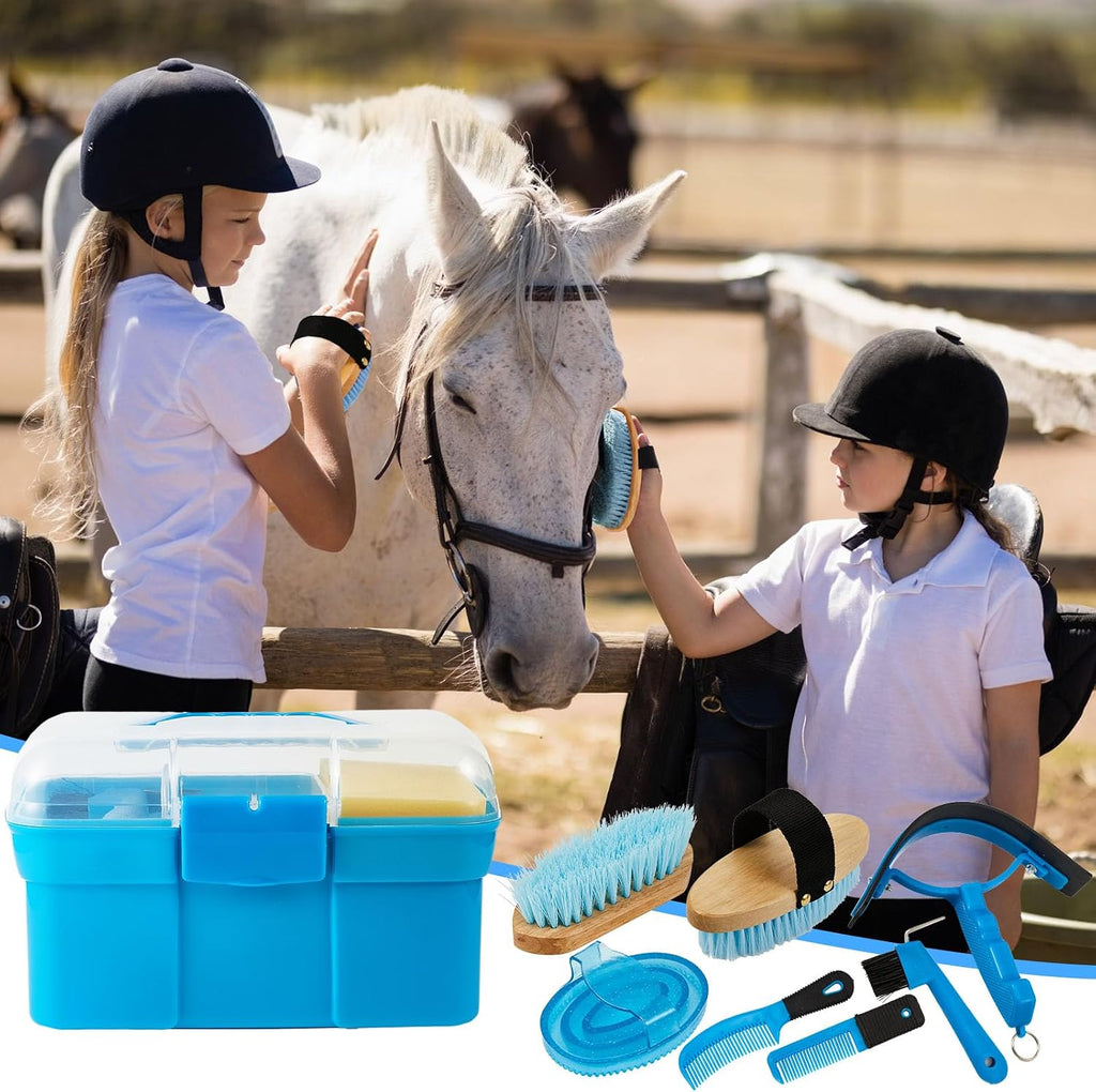 9 Pieces Horse Grooming Kit with Organizer – Curry Comb, Hard & Soft Brushes, Hoof Pick, Sweat Scraper, Sponge –