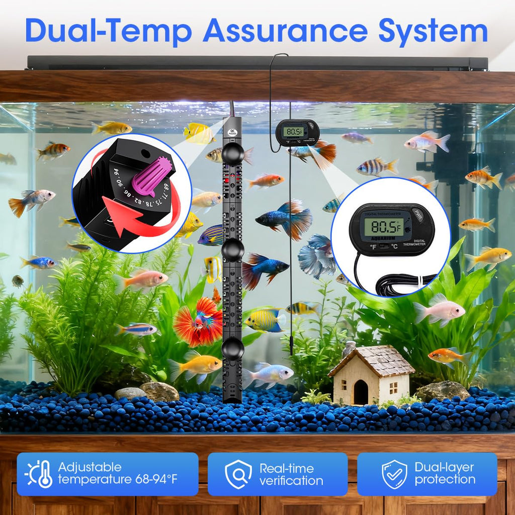 Submersible Aquarium Heater Auto Thermostat, 500W Fish Tank Heater with LCD Digital Aquarium Thermometer