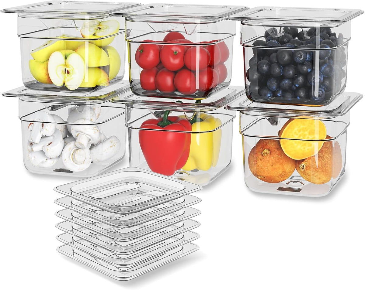 6-Pack NSF Polycarbonate Food Pans with Lids,1/6 Size,4" Deep,Clear