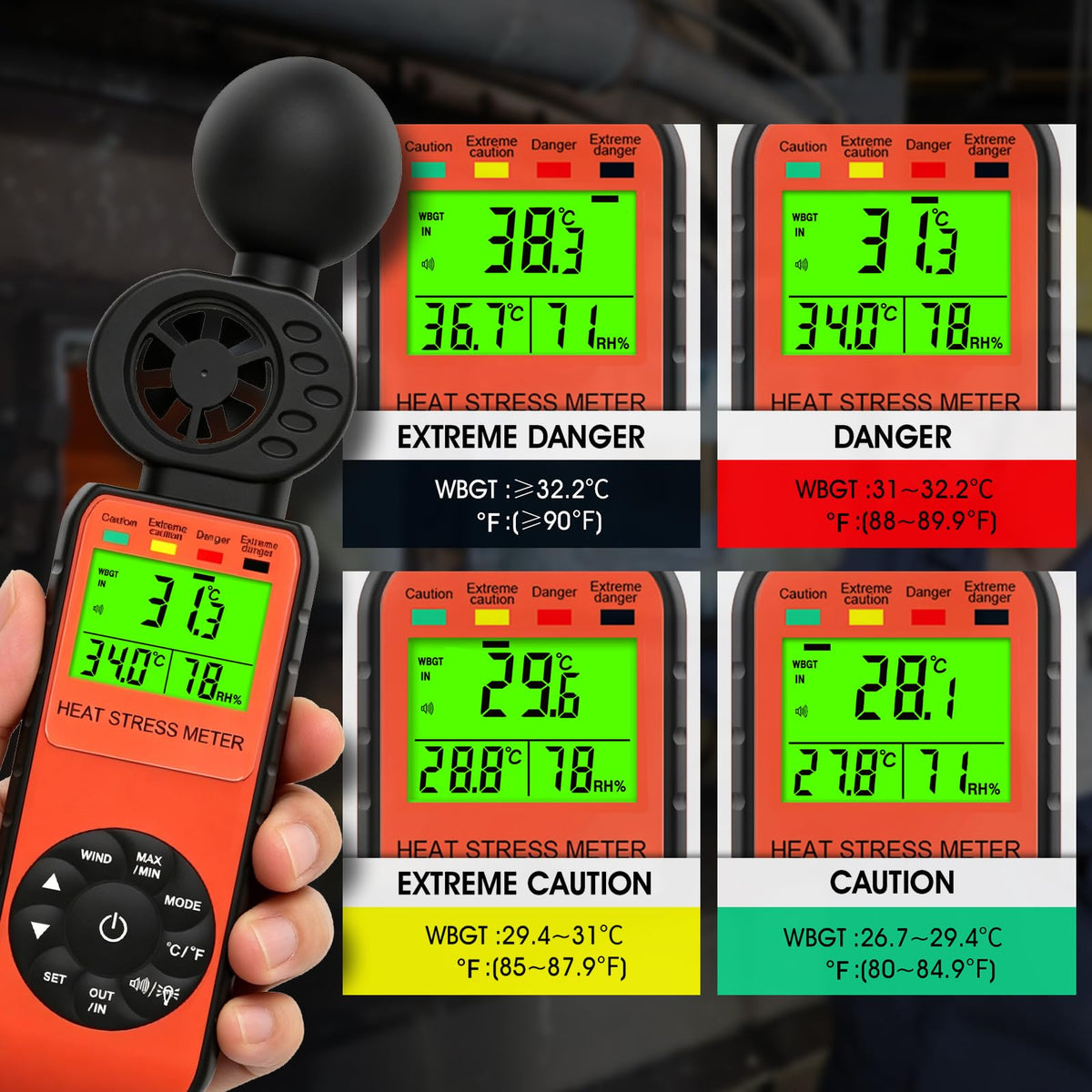 Heat Stress Meter Anemometer, Wet Bulb Globe Thermometer Wind Speed Meter