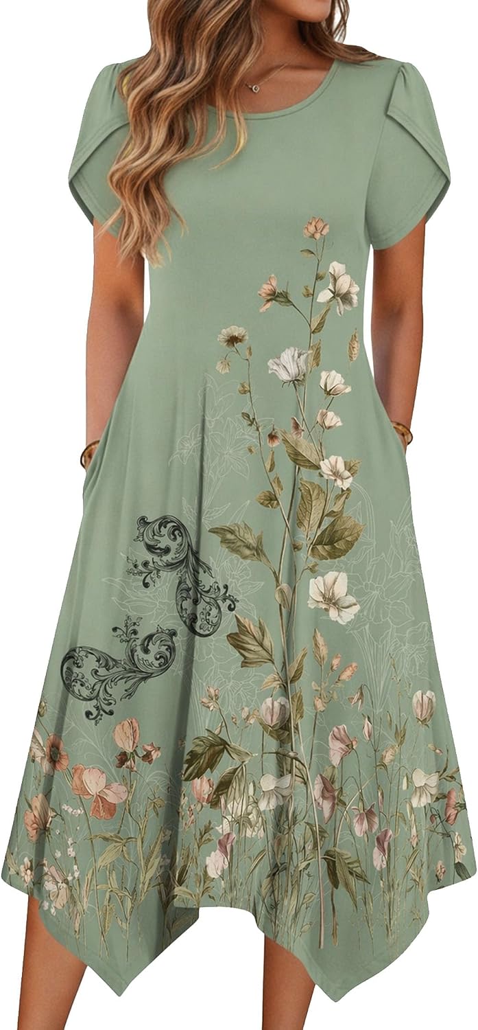Womens Casual Dress for Summer Loose Hankerchief Flare Midi Sundress