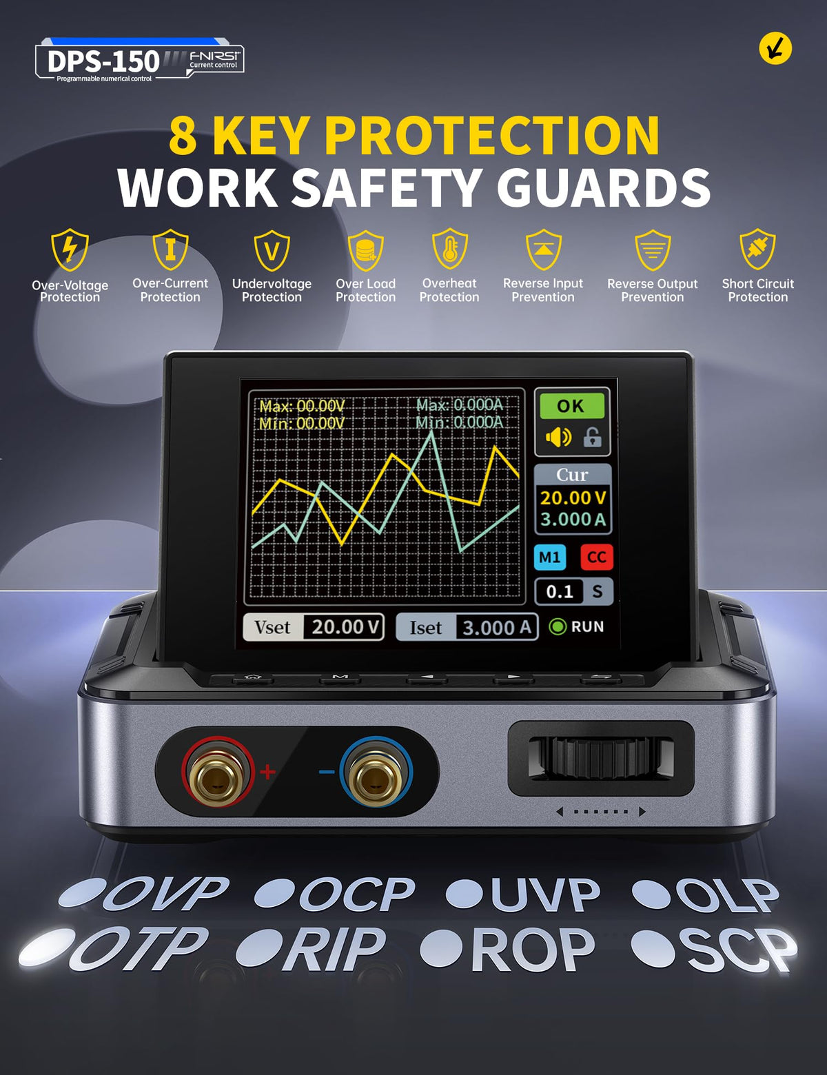 FNIRSI DPS-150 DC Power Supply Variable 30V 5A, 4-Digit IPS Flip Display