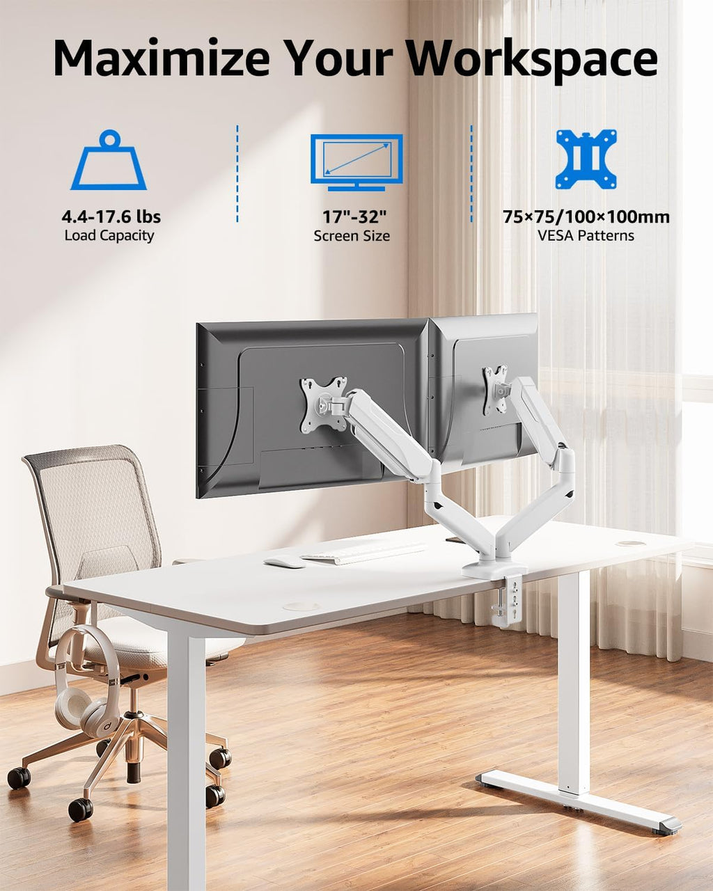 Dual Monitor Stand for Desk, Monitor Arms for 2 Monitors Max 32 Inches, Height Adjustable Double Monitor Mount, VESA