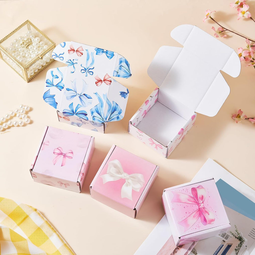Bow Pink Shipping Boxes Pack of 25, 4x4x2 inches Gift Boxes Small Cardboard Corrugated Mailer Shipping Boxes for