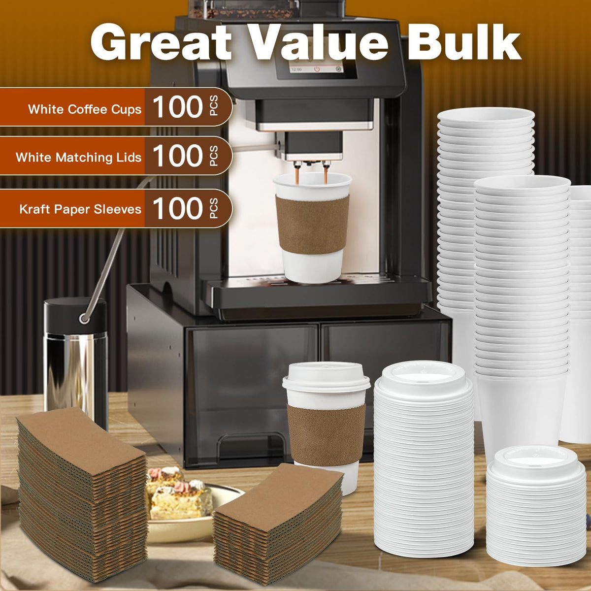 100 Pack 12 oz Leak-Proof Coffee Cups with Lids and Sleeves