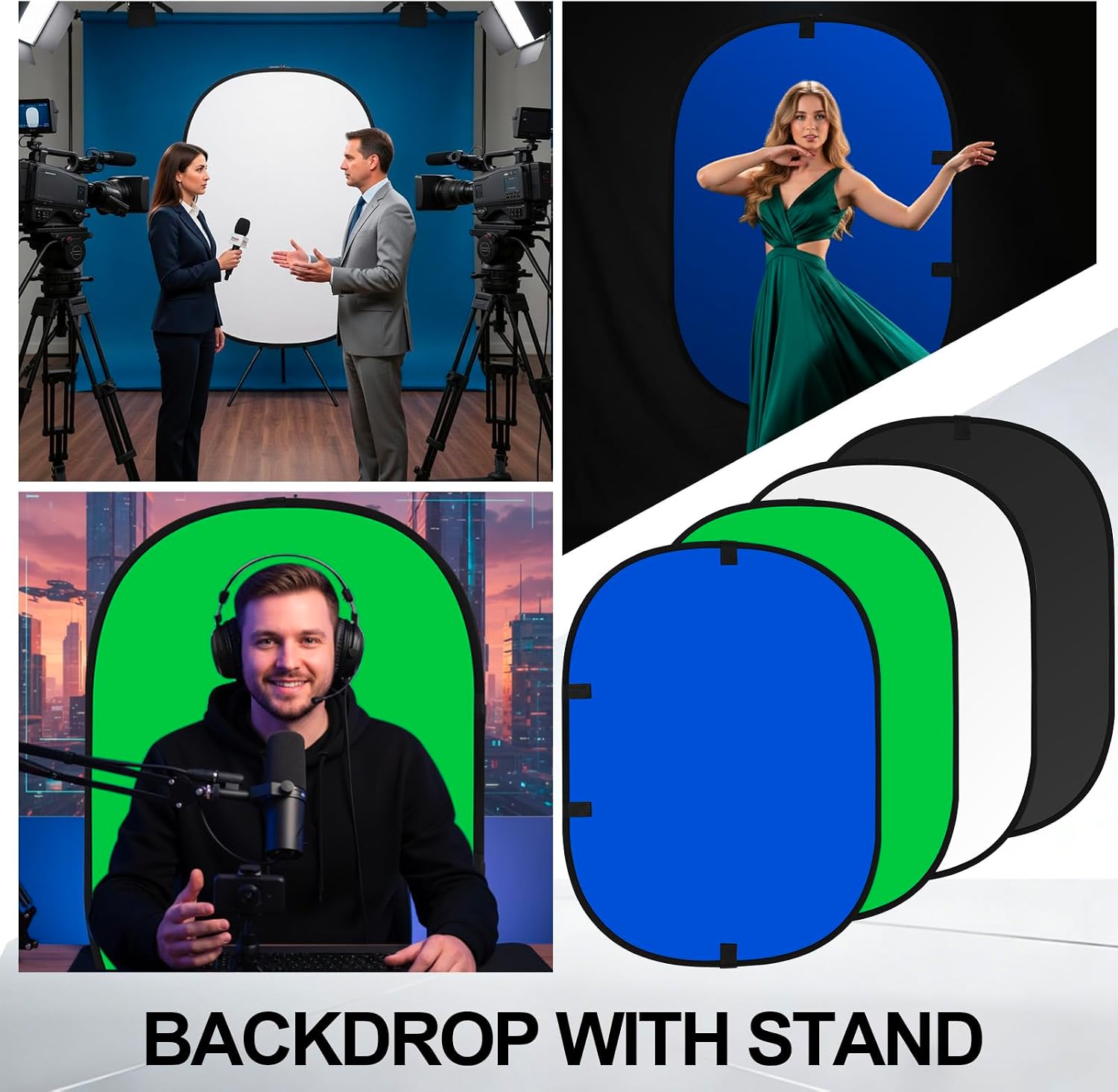 2 Pack Foldable Photo Backdrop with Stand, 3.3 x 5 ft Double Sided Green Blue Black White 2 in 1 Screen, Portable